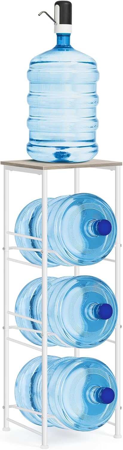 OYEAL Water Bottle Storage Holder 5 Gallon Drink Dispenser Stand with Table 3-Tier Heavy Duty Water Cooler Jug Rack Water Bottle Organizer for Kitchen, Office, Living Room, Rustic Grey