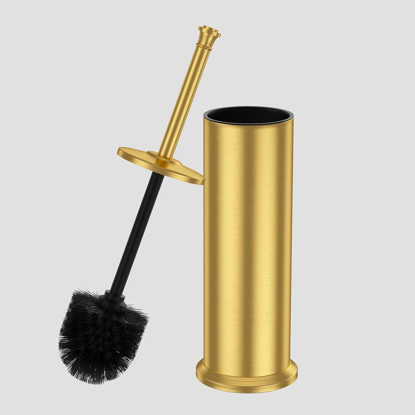 Brass Toilet Brush and Holder，Long Handled Gold Toilet Brush for Bathroom，Stainless Steel Heavy Duty Toilet Bowl Brush,Removable Inner Bowl,Deep Cleaning Dense Bristles Cleaner Brush -Space Saving
