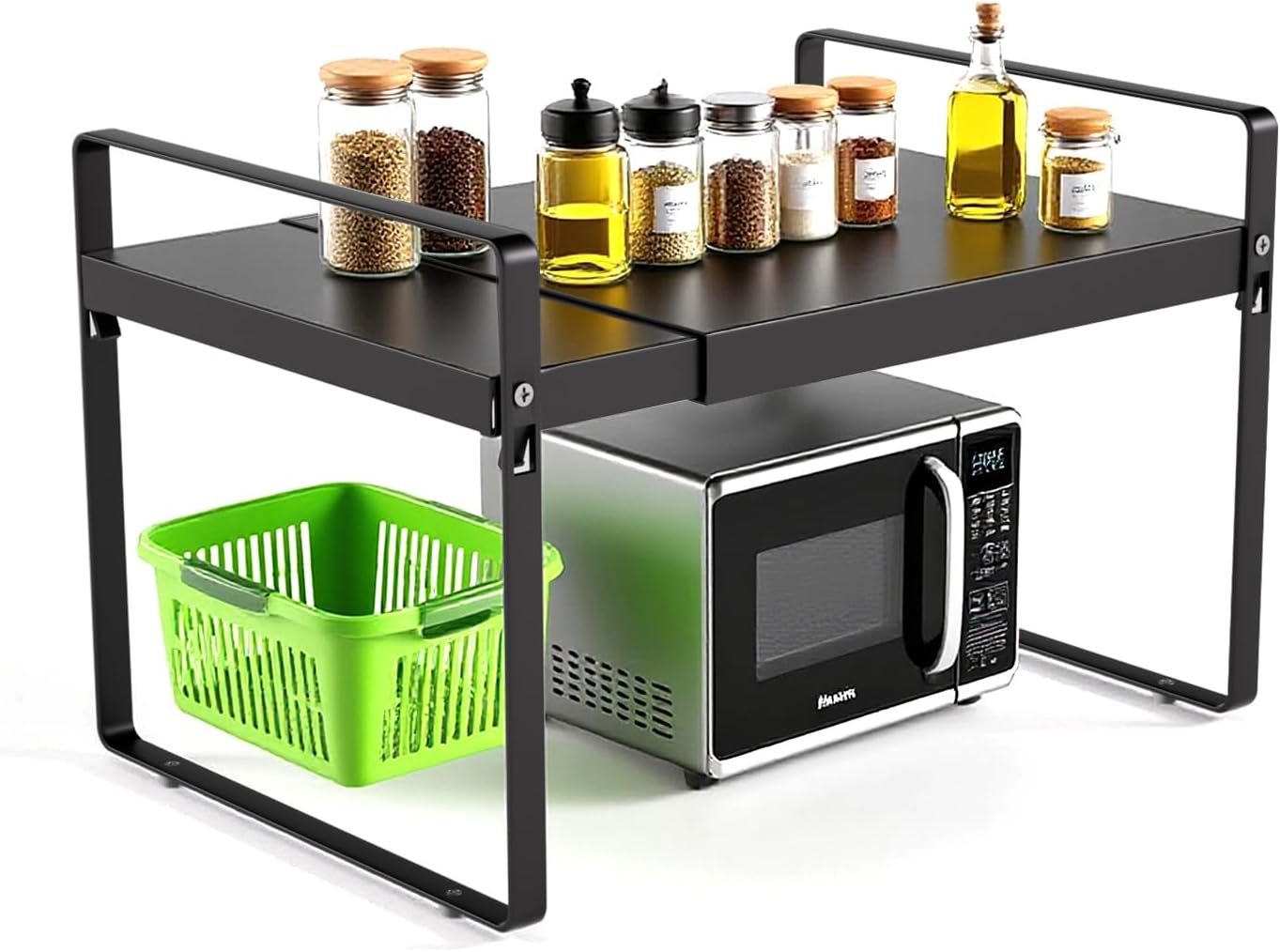 Expandable Cabinet Shelf Organizer 14-25 Inch Adjustable Length, 11" Wide 2-Tier (8" Bottom Layer) Metal Storage Rack for Kitchen Pantry, Under Sink Countertop - Heavy Duty Black(1 Pack)