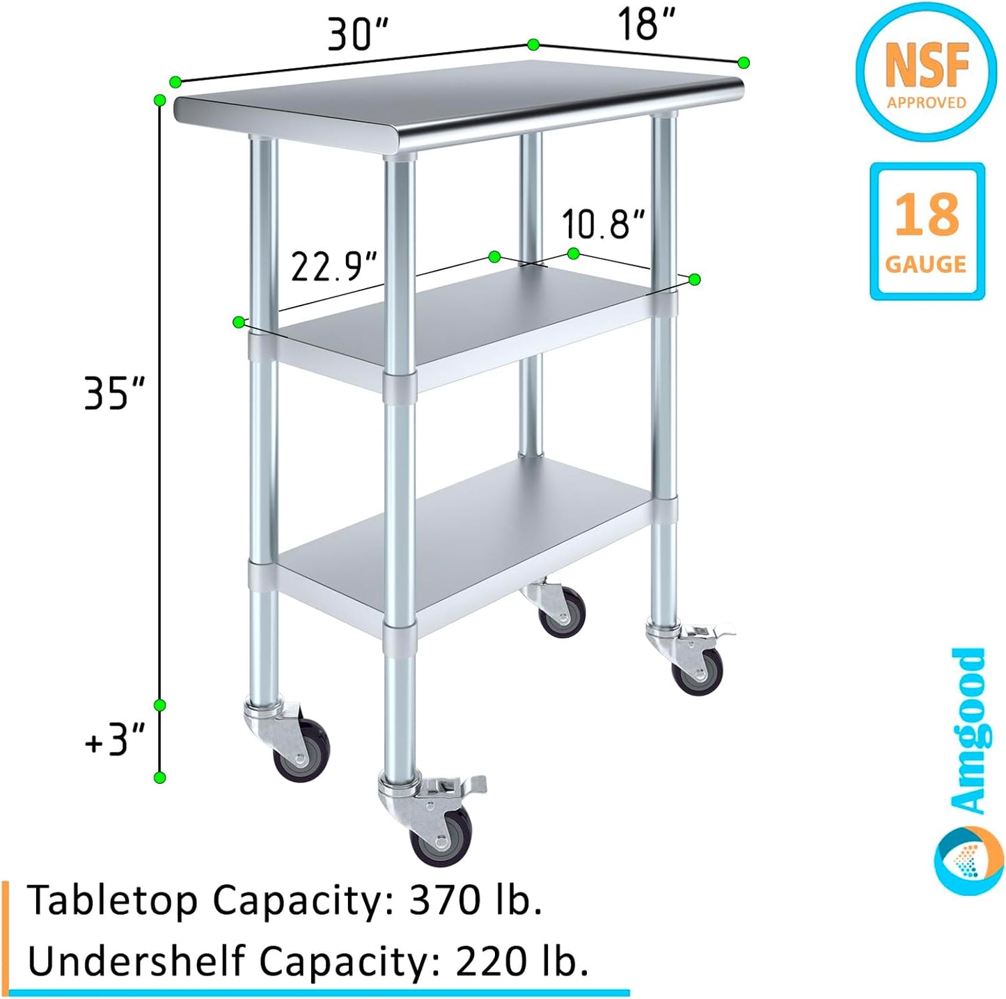 AmGood Stainless Steel Work Table with 2 Shelves and Casters | Metal Utility Table On Wheels (Stainless Steel Work Table with 2 Shelves + Casters, 30" Long x 18" Deep)