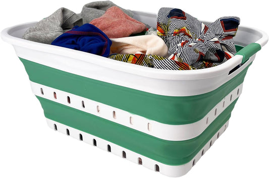 SAMMART 42L (11 gallon) Collapsible Plastic Laundry Basket - Foldable Pop Up Storage Container/Organizer - Space Saving Hamper/Basket (1, White/Winter Green)