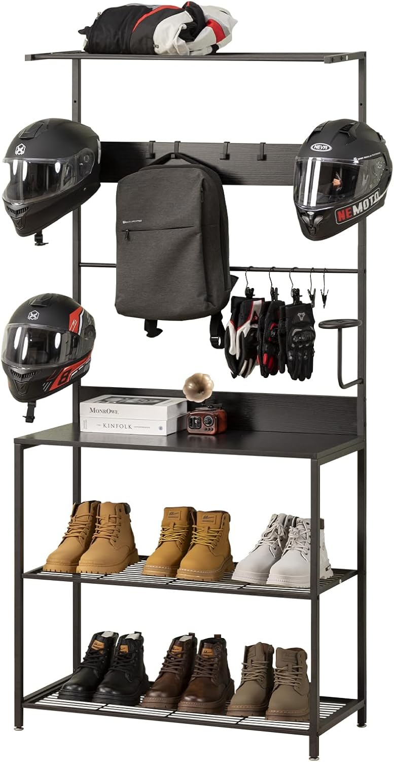 Motorcycle & Sports Helmet Rack & Gear Organizer – Fits 7 Helmets, Jackets, Boots & Gloves – Heavy-Duty Steel + Wood Storage Shelf for Home or Garage