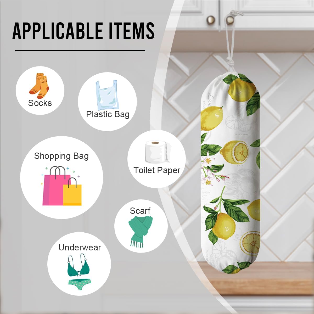 Lemon Plastic Bag Holder, Lemon Fabric Grocery Bag Dispenser, Wall Mount Washable Shopping Bags Carrierfor Home Kitchen, Housewarming Gift, Kitchen Pattern Garbage Bags 62