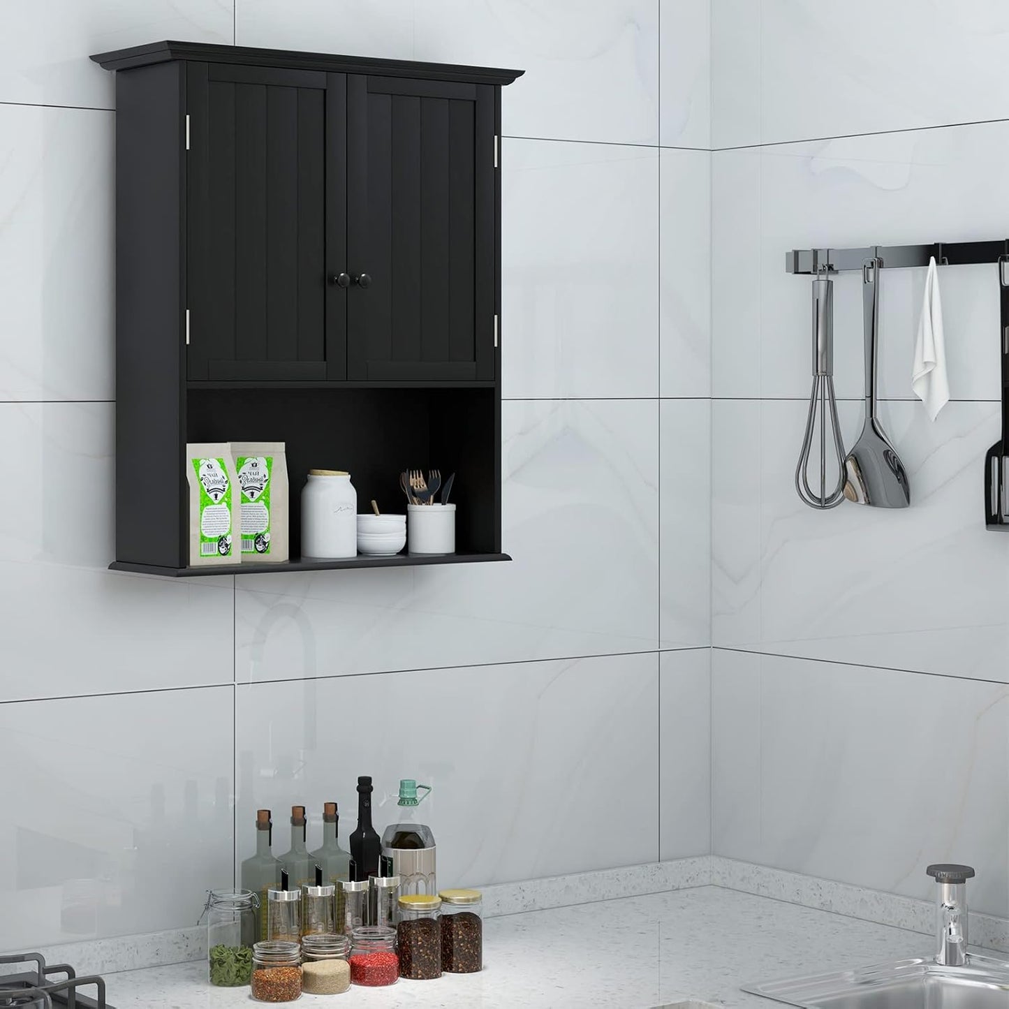 Tangkula Wall Mount Bathroom Cabinet Wooden Medicine Cabinet Storage Organizer with 2-Doors and 1-Shelf Cottage Collection Wall Cabinet (Black)
