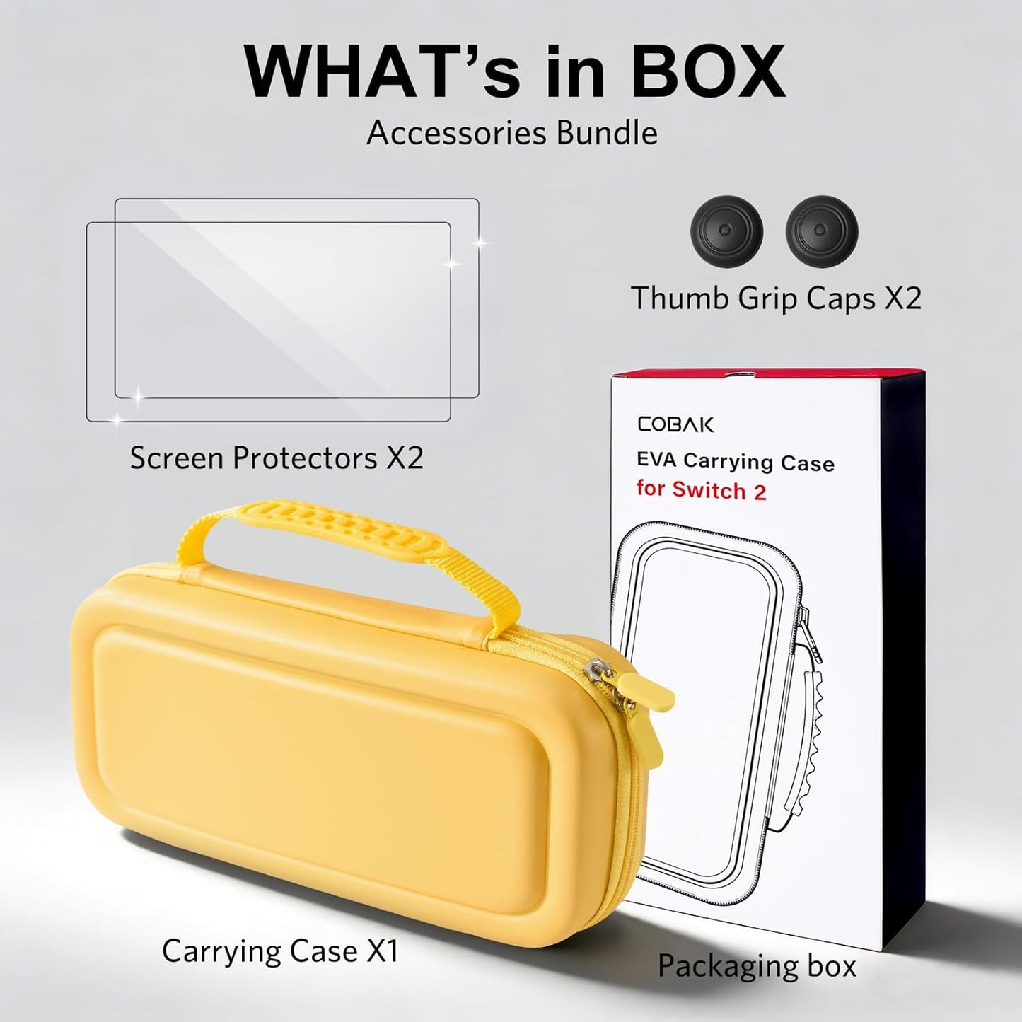 CoBak Large Capacity Carrying Case for Nintendo Switch 2 (2025) - 3 in 1 Accessories Bundle with 2 Screen Protectors, Thumb Grip Caps, 24 Game Cartridges, Hard Shell Portable Travel Pouch, Yellow
