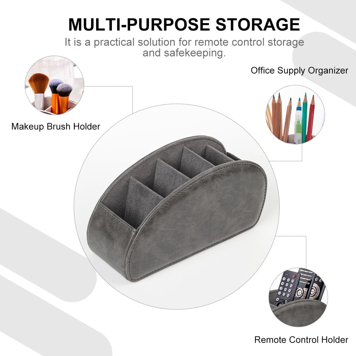 TV Remote Control Holder with 5 Compartments,Pu Leather Remote Caddy/Tray Bedside Table Desk Storage Organizer for DVD, Blu-Ray, Media Player, Heater Controllers andMakeup storage box (Grey)