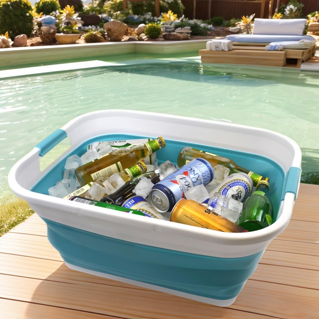 SAMMART Set of 2-41L(10.8 gallon) Collapsible Plastic Laundry Basket-Pop Up Storage Container-Portable Washing Tub-Space Saving Hamper, Water capacity:32L(8.4 gallon) (2 rectangular, Bright Blue)