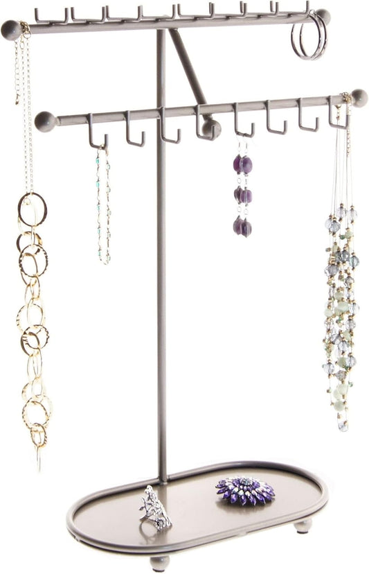 Angelynn's Sturdy Extra Long Necklace Holder Organizer Tall Tabletop Pendant Display Stand, Freestanding Large Capacity Jewelry Tree, Sharisa Satin Nickel Silver 11 3/4" Wide x 16 1/2" Tall
