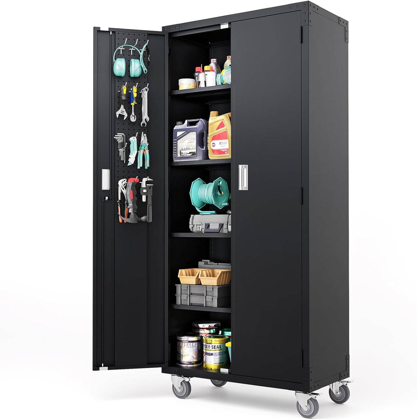 VINGLI 72'' Tall Garage Storage Cabinet, Metal Storage Cabinet with Pegboards, Wheels, Locking Doors and Adjustable Shelves (Black, 32''W x 16''D x 72''H)