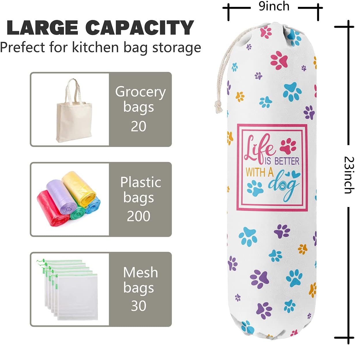 Funny Life Is Better With A Dog, Grocery Bags Holder Organizer For Shopping Bags, Wall Mount Plastic Bags Storage Container Dispensers, Gift For The Preferred Family And Friends