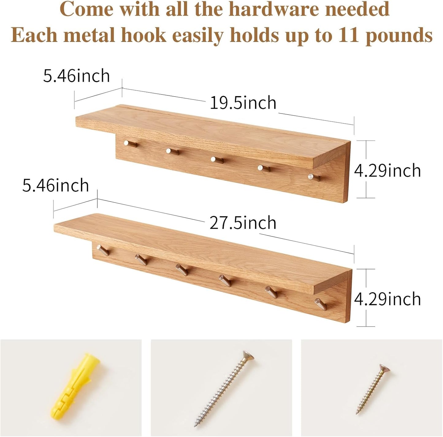 Oak Wood Coat Rack Wall Mount With Shelf 27.5 Inch Long, Entryway Floating Shelf With 6 Hooks for Bathroom, Hallway, Living Room
