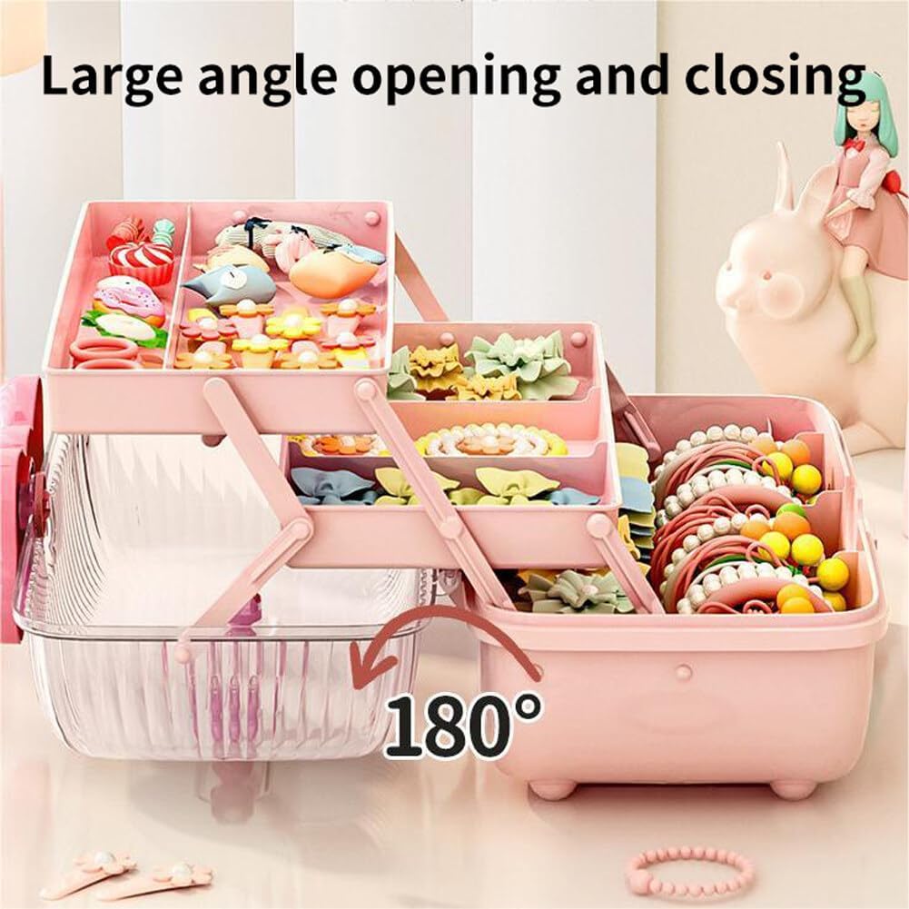 Cute Hair Accessories Organizer 3-Layers Kids Jewelry Storage Box Plastic Hair Accessories holder for Girls (Pink, 10.8 x 5.7 x 5.9 Inch)
