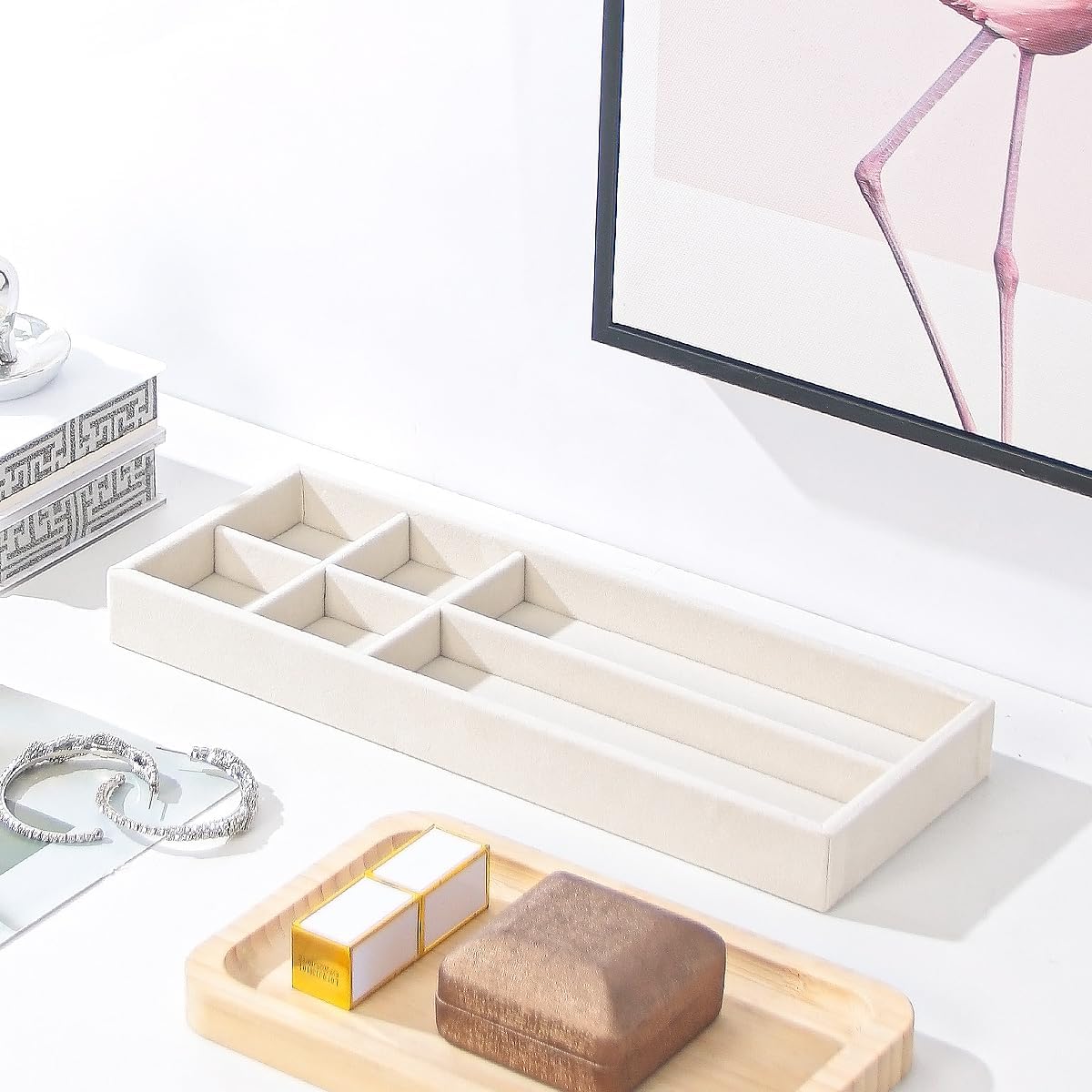 Divided Drawer Organizer Tray, Velvet Jewelry Storage Tray, Necklace Bracelet Ring Earring Display Tray,Bedside Nightstand Desk Holder Tray for Phone Watch Sunglasses Cosmetics Storage/Beige/6grid