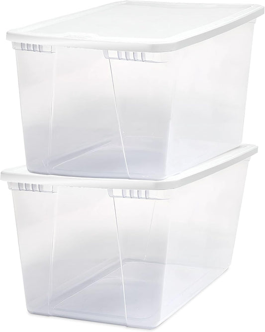HOMZ 2-Pack Snaplock, Large Clear Plastic Storage Organizer Bins w/Lids, 56 Quart, White - Stackable Container Boxes for Bedroom, Bathroom, Garage, and Office Organization
