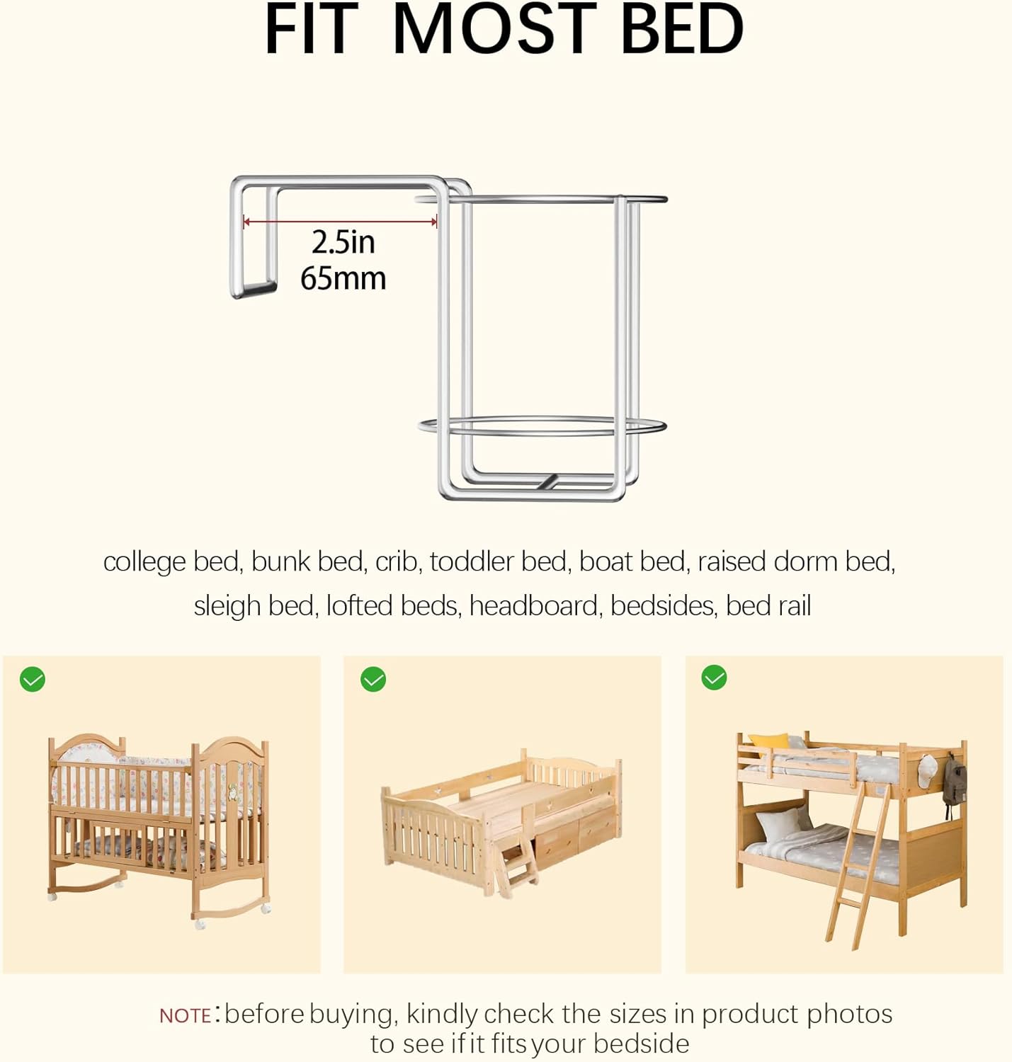 Bed Cup Holder(Diameter: 3.3IN) Drink Holder Water Bottle/Glass Organizer for 2.5 * 2.5" Square Columns Wood Dorm Room Bunk Bed Crib, Metal Toddle Bed,Loft Bedside, Headbed