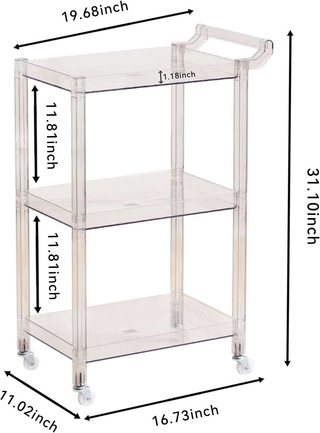Acrylic Utility Rolling Cart, 3-Tier Clear Acrylic Storage Cart with Pulling Handle & 4 Wheels for Kitchen Living Room Dining Bathroom Laundry, Multifunction Serving Trolley for Small Spaces (Blue)