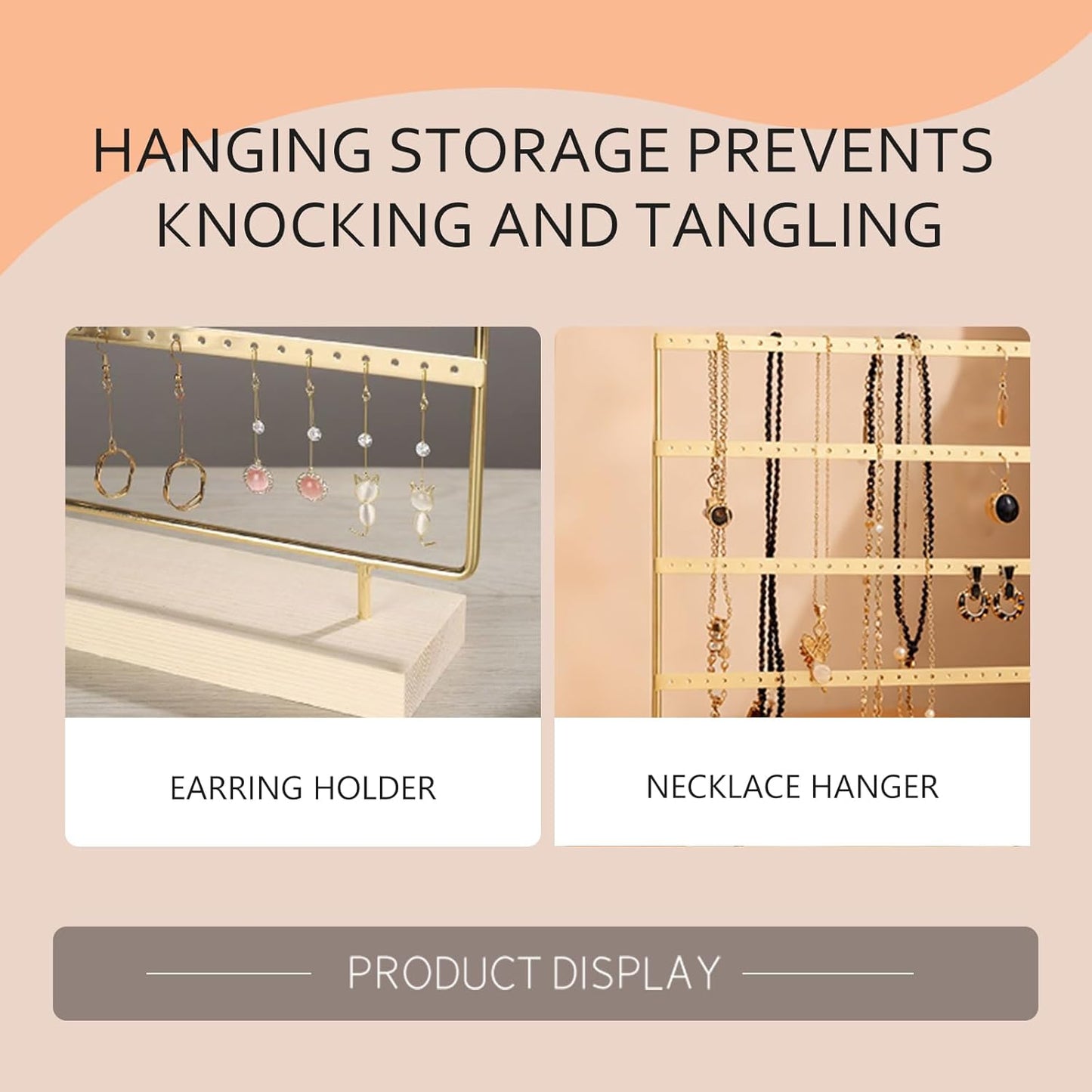 Earring Organizer Stand for Women, 4 Tier Tall Jewelry Holder Organizer Rack, Tabletop Display Rack Multiple Pierced Earrings, Wood and Iron Hanging Jewelry Organizer, Gold Jewelry Storage