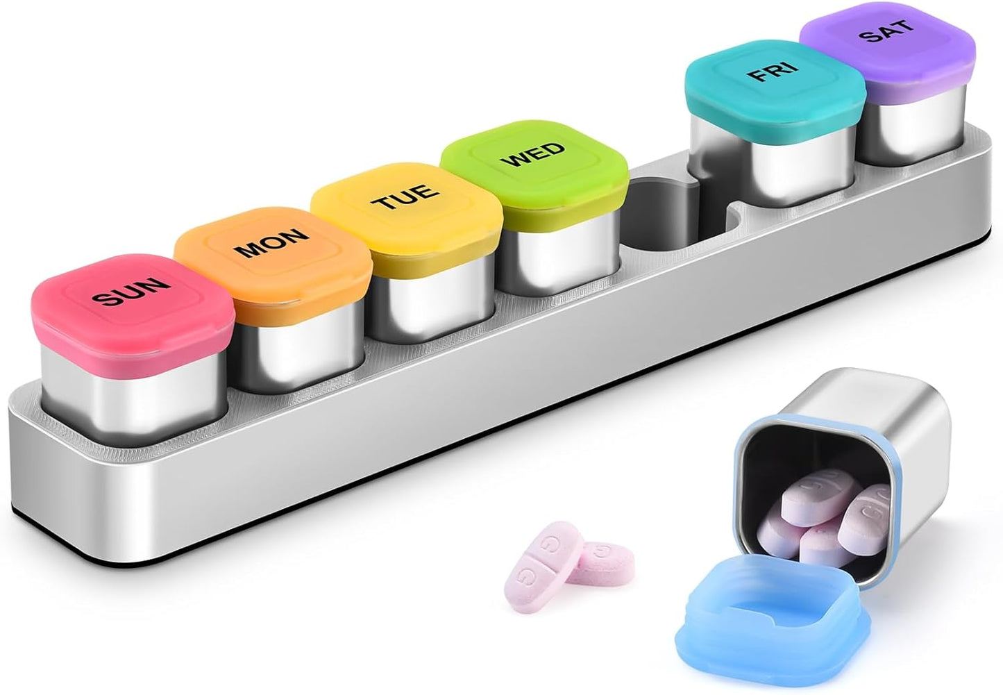 Square Metal Pill Case 7 Day, Stainless Steel Medicine Box Organizer for Travel, Waterproof Tablet Container, Portable Daliy Pill Holder for Vitamins Fish Oils