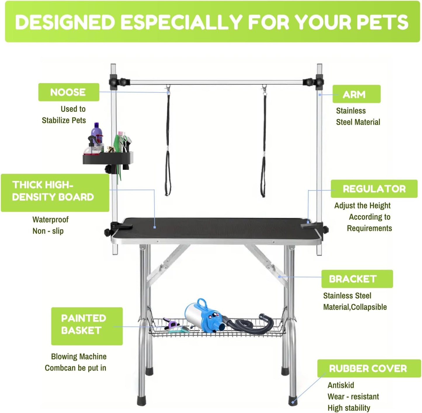 36" Large Dog Grooming Table, Non-Slip Tabletop with Adjustable Armrests, Lasso, Tool Organizer, Grid Tray, Foldable Home Pet Station, Maximum Weight Capacity 330 Ibs,Black