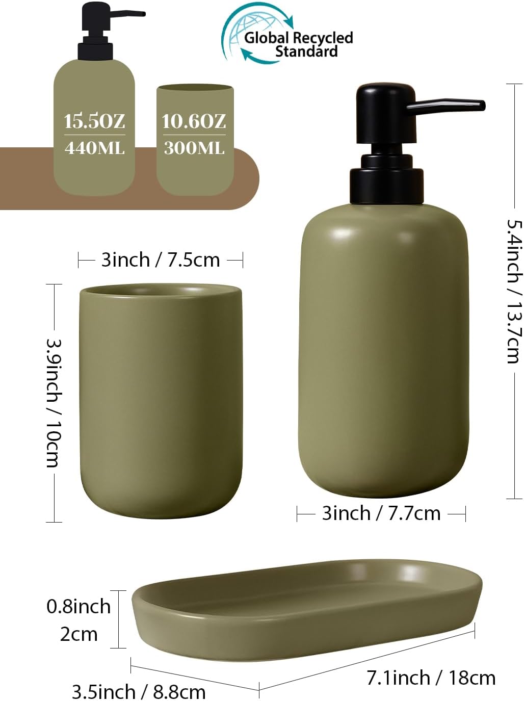 INGOFIN 3 Pcs Ceramic Bathroom Accessory Set - Liquid Soap Dispenser, Toothbrush Holder & Tray, Bathroom Counter Set, Countertop Essentials for Home, Guest Bathroom, or Office Use, Dark Green