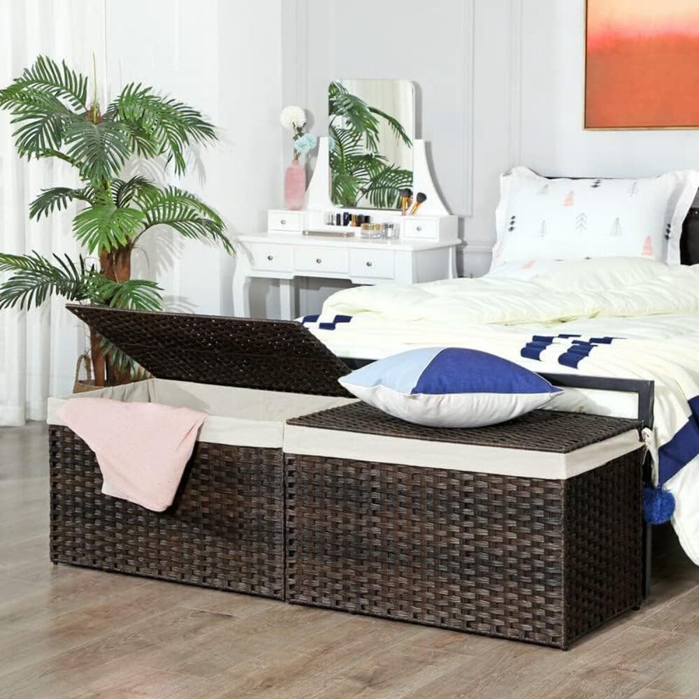SONGMICS Storage Basket with Lid, Woven Blanket Storage Bin with Handles, Foldable, Removable Liner, Metal Frame, for Bedroom, Laundry Room, 42.3 Gallons (160 L), Brown URST76BR