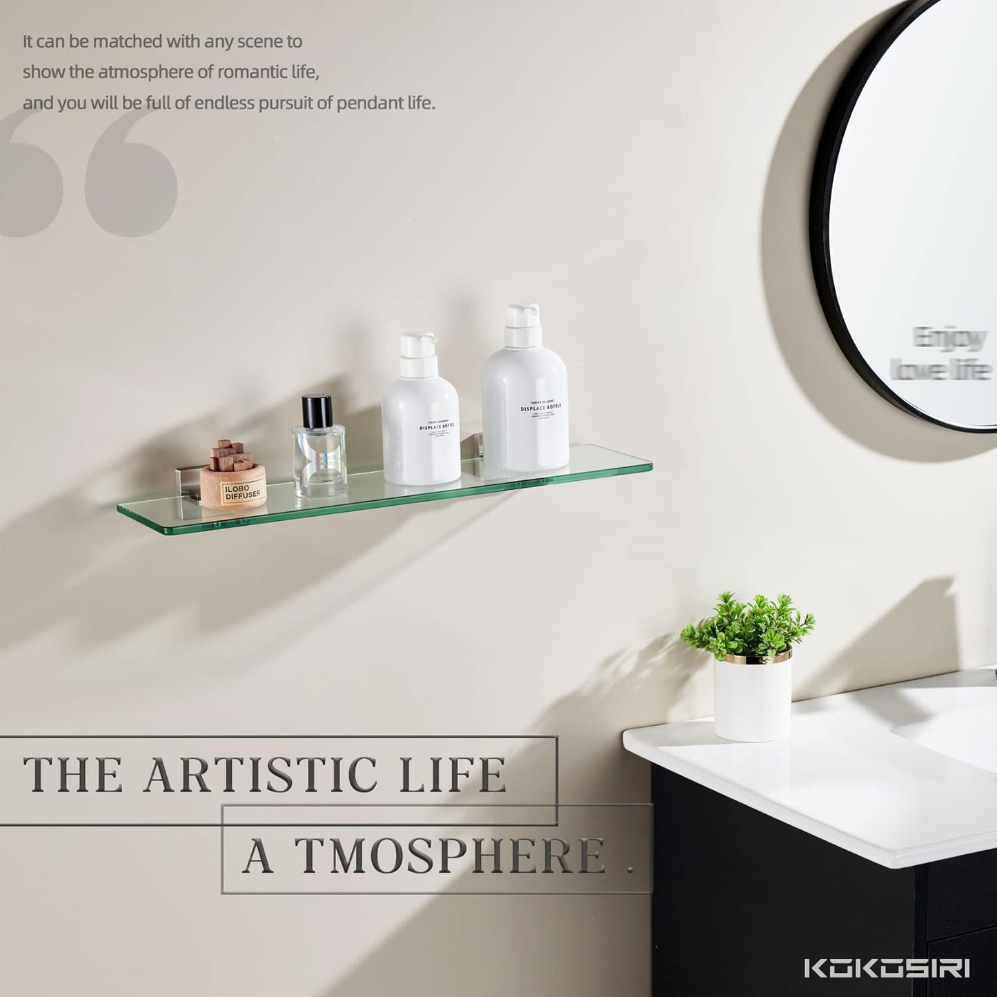 KOKOSIRI Wall Shelves Floating Bathroom Glass Shelf for Kitchen Storage, 20'' x 5.6'' Tempered Glass Wall Mounted Brushed Stainless Steel, 2 Pack B1106BR-L20-P2
