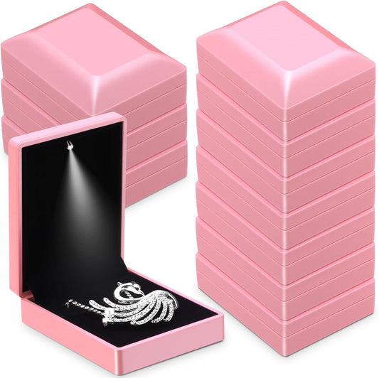 Landical 10 Pcs Pendant Necklace Box with LED Light Velvet Necklace Case for Pendant Bracelet Ring Earring, Jewelry Storage(Pink)