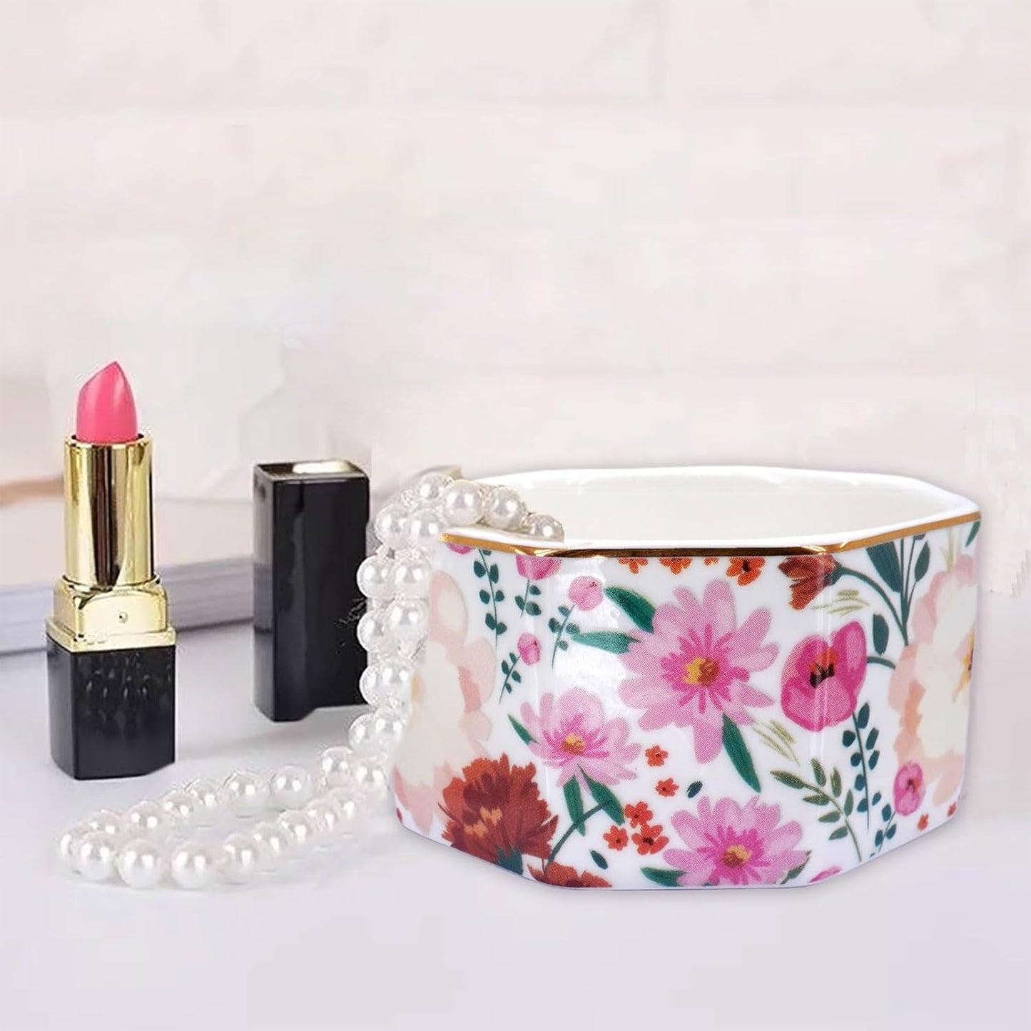 Ceramic Paper Clip Holder Gold Line Paper Clip Dispenser Organizer for Desk Cute Floral Pattern Office Binder Clip Holder Bobby Pin and Hair Clip Holder Gift for Office (White Pink)