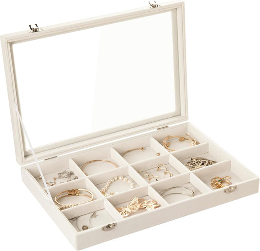 Frebeauty Velvet Jewelry Tray,12 Grid Jewelry Organizer with Clear Lid,Bracelets Holder,Jewelry Display Case with Clasp,Drawer Insert Bangle Brooch,13.8 x 9.5 x 2 Inches,Gift for Women Girls(Beige)