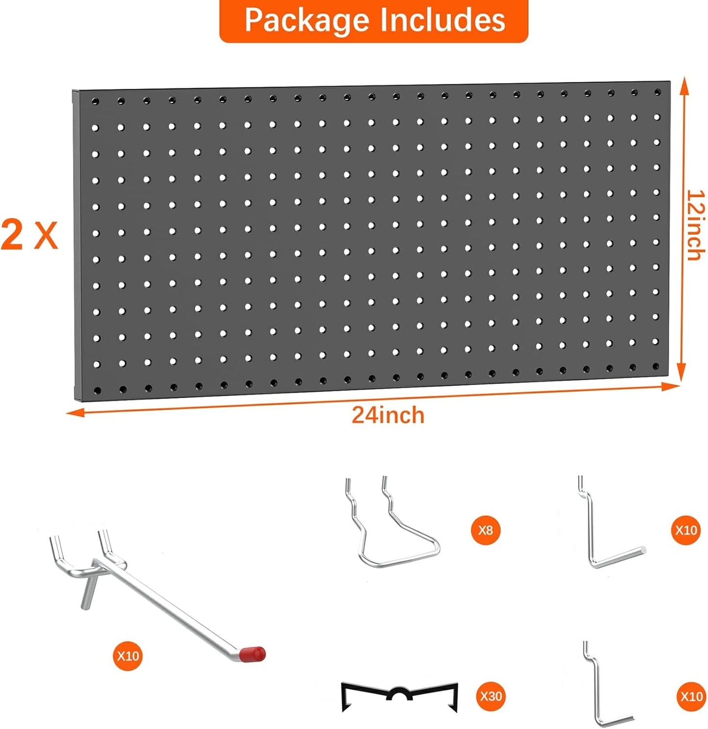 TORACK Metal Pegboard Wall Organizer 24" x 24" or 12" x 48", 70 PCS Tools Storage Pegboard for Garage Tool Organizer Peg Board with Pegboard Hooks for Workbench(Black)