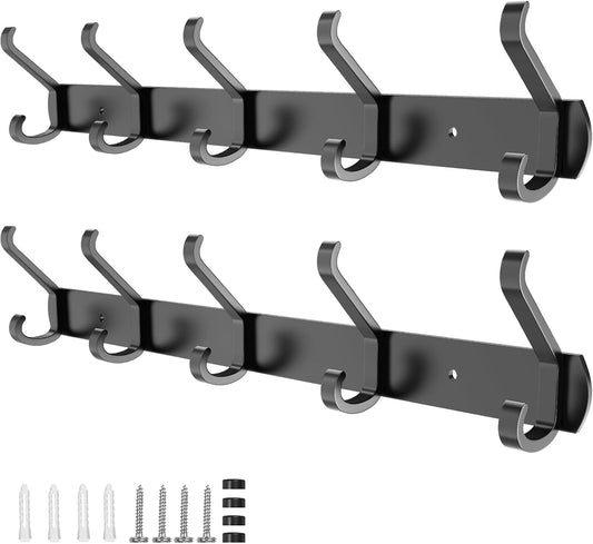 2 Pack Coat Rack Wall Mount,17.3 in Wall Hooks for Hanging, Coat Hanger Wall Mount Towel Rack Hat Rack for Wall with 10 Hooks for Entryway, Bedroom, Bathroom (Black)