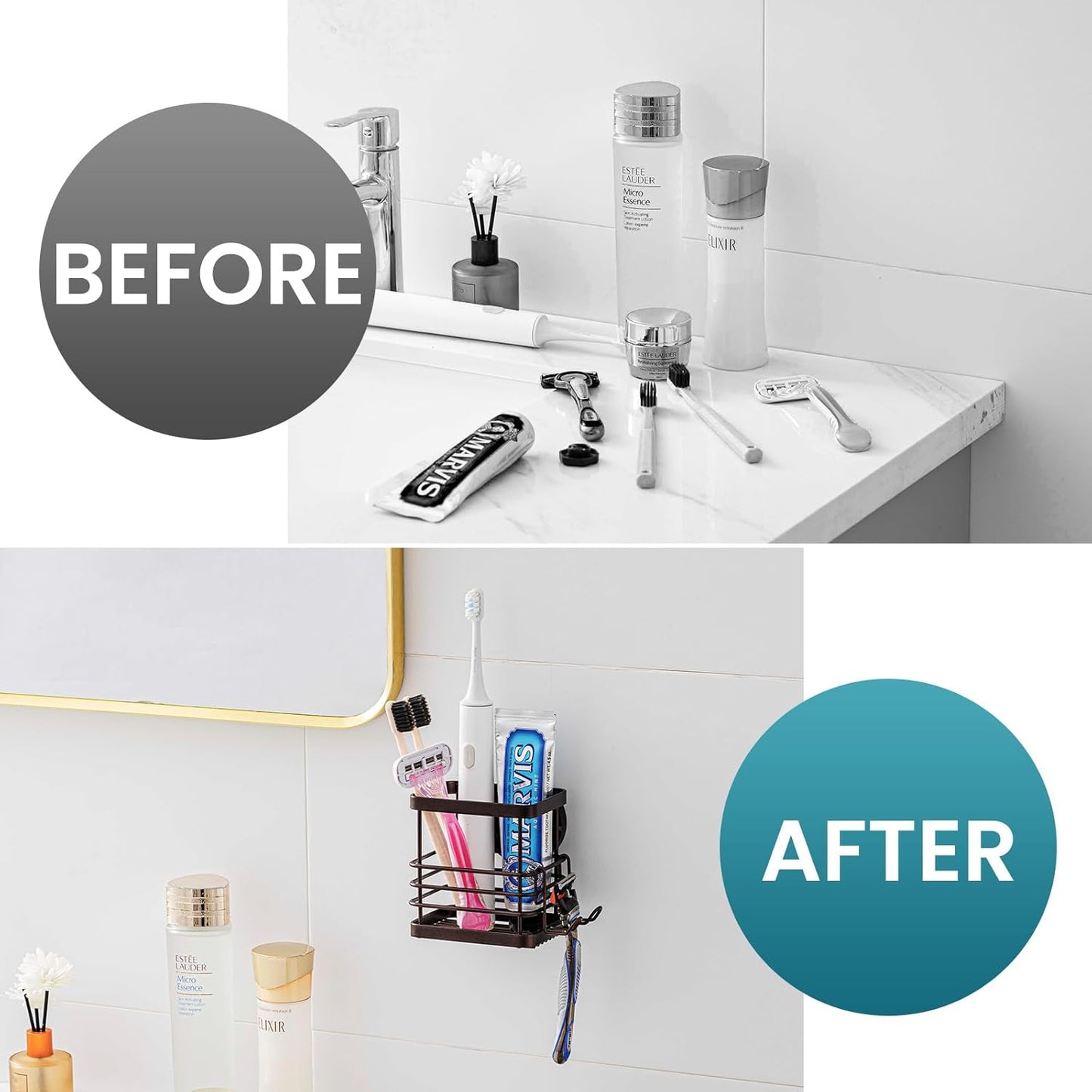 TAILI Patented Suction Cup Toothbrush Holder, Stainless Steel Anti-Puddling Toothbrush Shower Holder, No Drilling Removable Organizer for Bathroom Toothpaste, Razor, Kitchen and Office Items, Brown