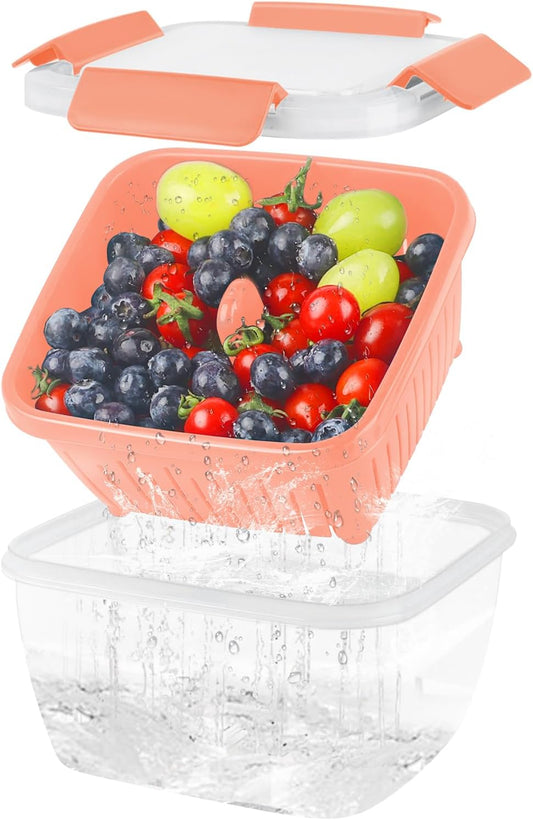 50oz Berry Keeper Fruit Storage Container for Fridge, Fresh Food Produce Saver Containers with Removable Drain Colander, Vegetable Lettuce Keeper Bowl, Refrigerator Organizer, PRESS TO OPEN CLOSE LID