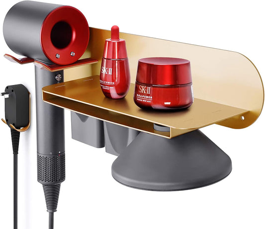 FLE Hair Dryer Holder Wall Mounted with Shelf - Hair Dryer Holder Rack Organizer Compatible for Dyson Supersonic Hair Dryer,Gold