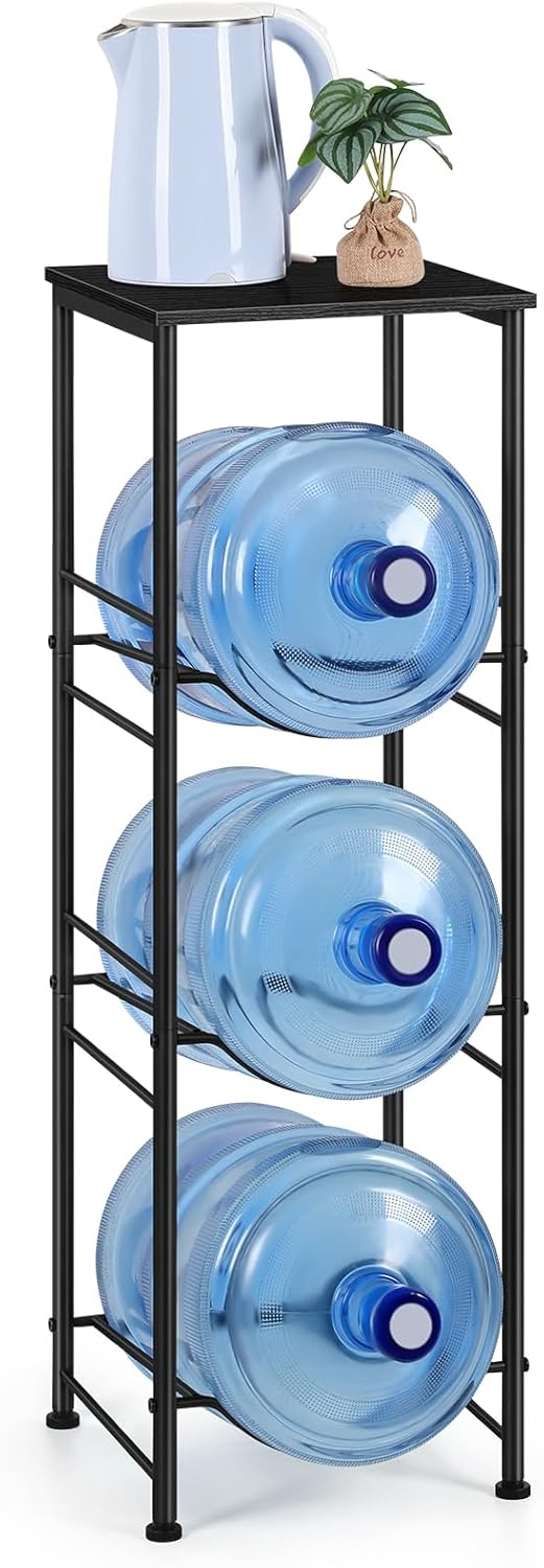 OYEAL Water Jug Holder Stand 5 Gallon Water Bottle Holder Organizer With Shelf, Heavy Duty 3 Tier Water Bottle Storage Rack for Kitchen, Office, Living Room, Black