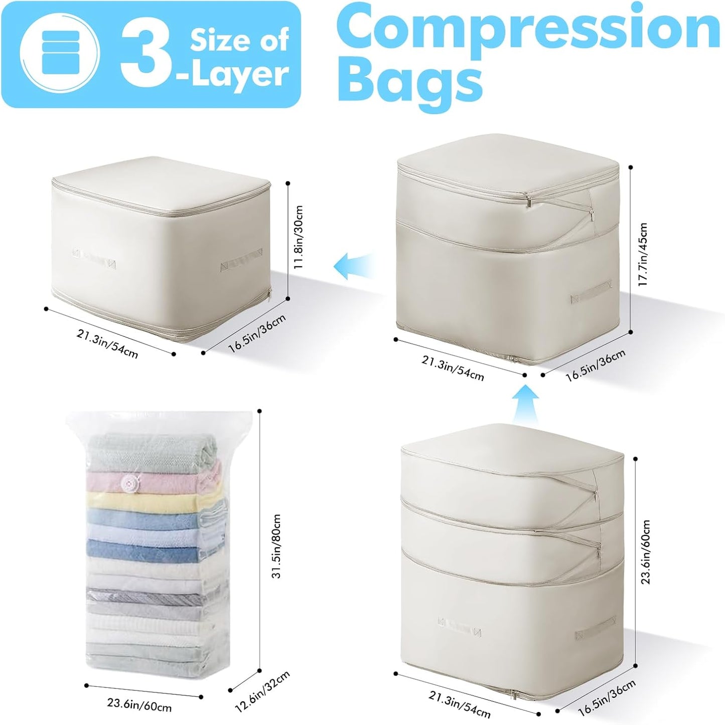 Comforter Storage Bag-Ultra Space Saving Large Self Compression Organizer for Comforters and Blanket,3-Layer Zipper Self-Compressing Organizer for Storage Bedding. (Beige, 3 Pack)