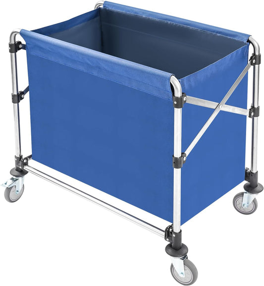 Commercial Laundry Cart with Wheels,Folding Laundry Hamper Cart,Heavy Duty Rolling Basket with Large Capacity, Sorter Trolley for Home Hotel Apartment (Blue, 34.25 * 20.47 * 30.7in)