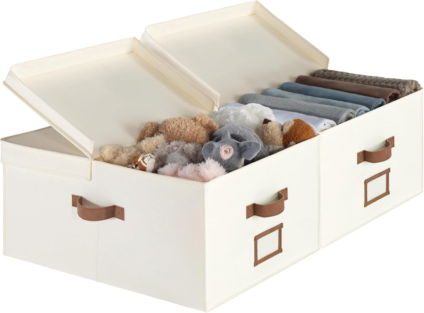 StorageWorks Extra Large Storage Bins with Double-Open Lid, 55L Fabric Baskets with Divider Board, Boxes for Clothes, Linen Closet Organizers with Handles, Ivory White, 2-Pack