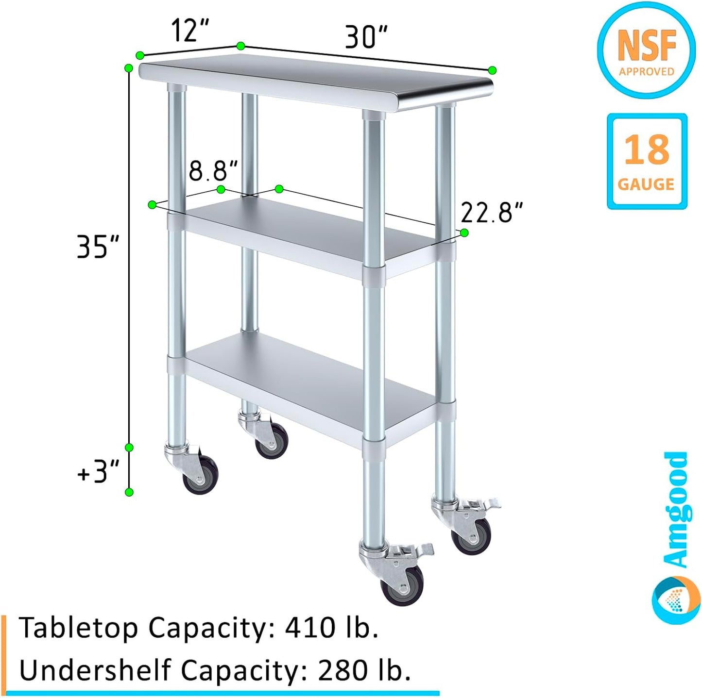 AmGood Stainless Steel Work Table with 2 Shelves and Casters | Metal Utility Table On Wheels (Stainless Steel Work Table with 2 Shelves + Casters, 12" Long x 30" Deep)