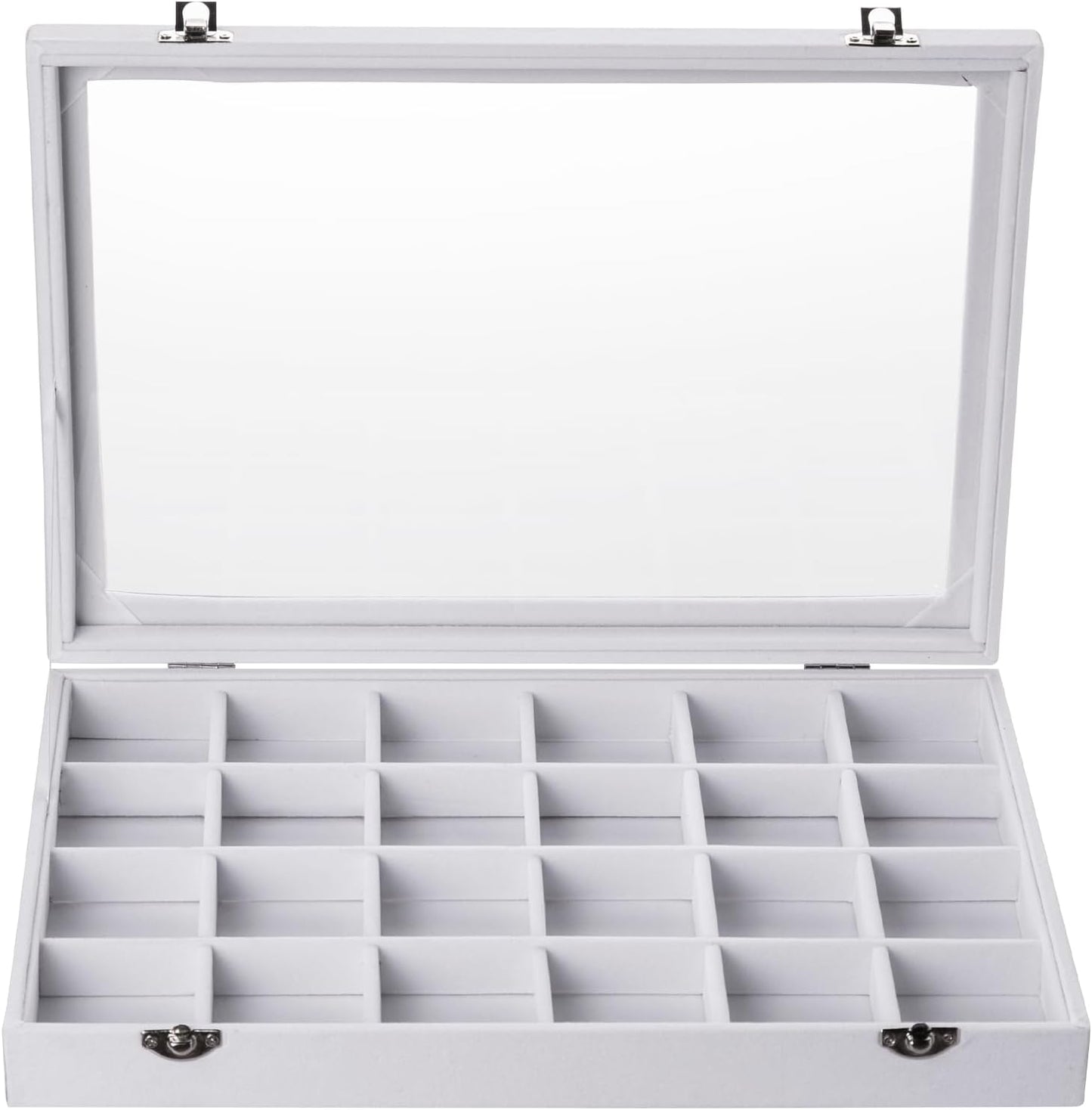 Frebeauty Jewelry Organizer Tray with Clear Lid 24 Grid Velvet Drawer Insert Jewelry Storage box with Transparent Glass lid Jewelry Display Case with Lock Gifts for Girls Women (White, 24 Grid)