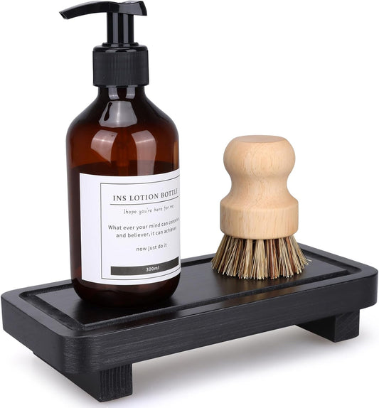 Small Black Kitchen Soap Tray for Counter Dish Soap Dispenser Wooden Display Pedestal Stand for Bathroom Decor Farmhouse Wood Riser Kitchen Accessories Countertop Vanity Counter Decorative Tray