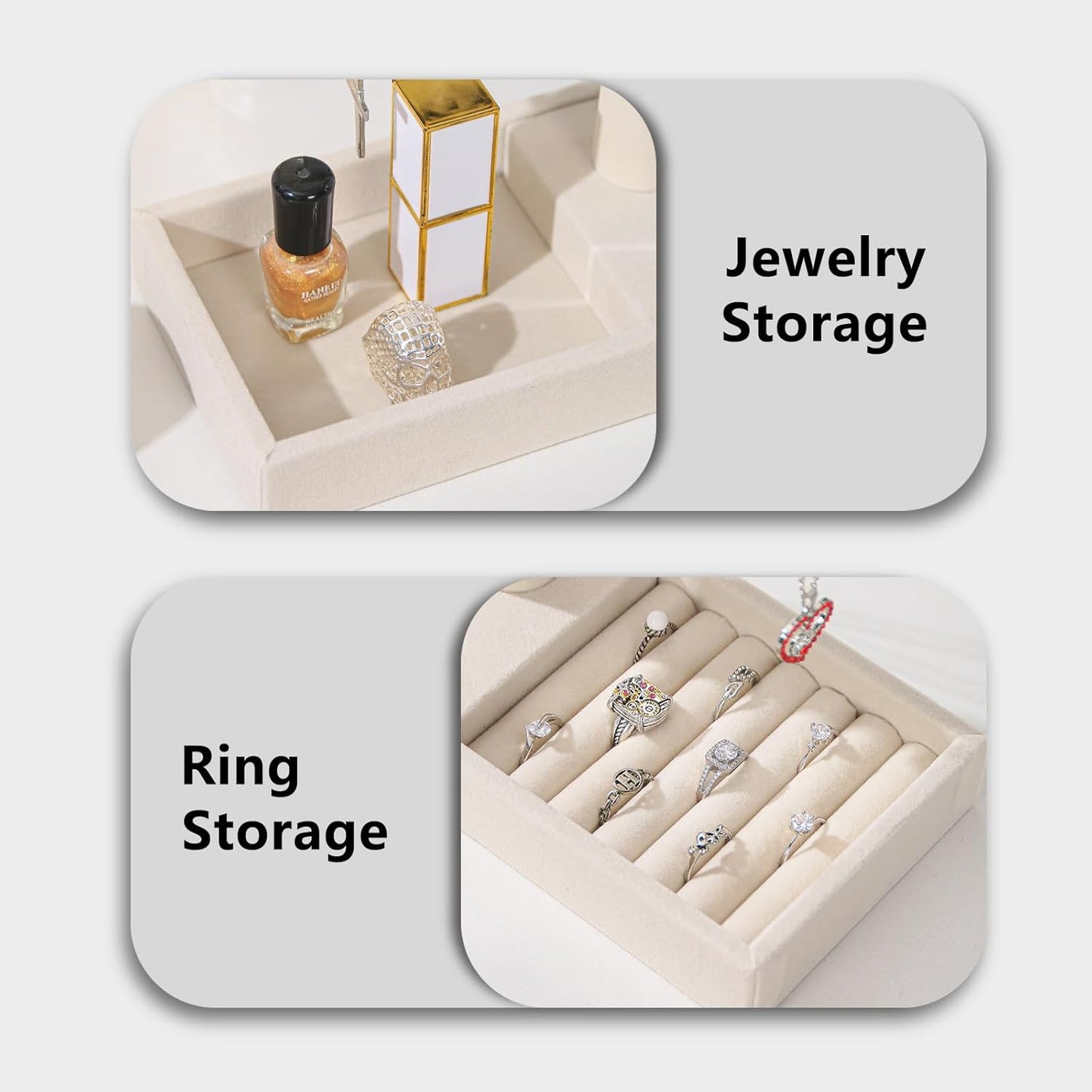 Necklace Display Holder, Bracelet Organizer Stand with Earrings Tray and Metal Lid, Jewelry Scrunchie Watches Tray Rack for Women Home Desk (Beige)