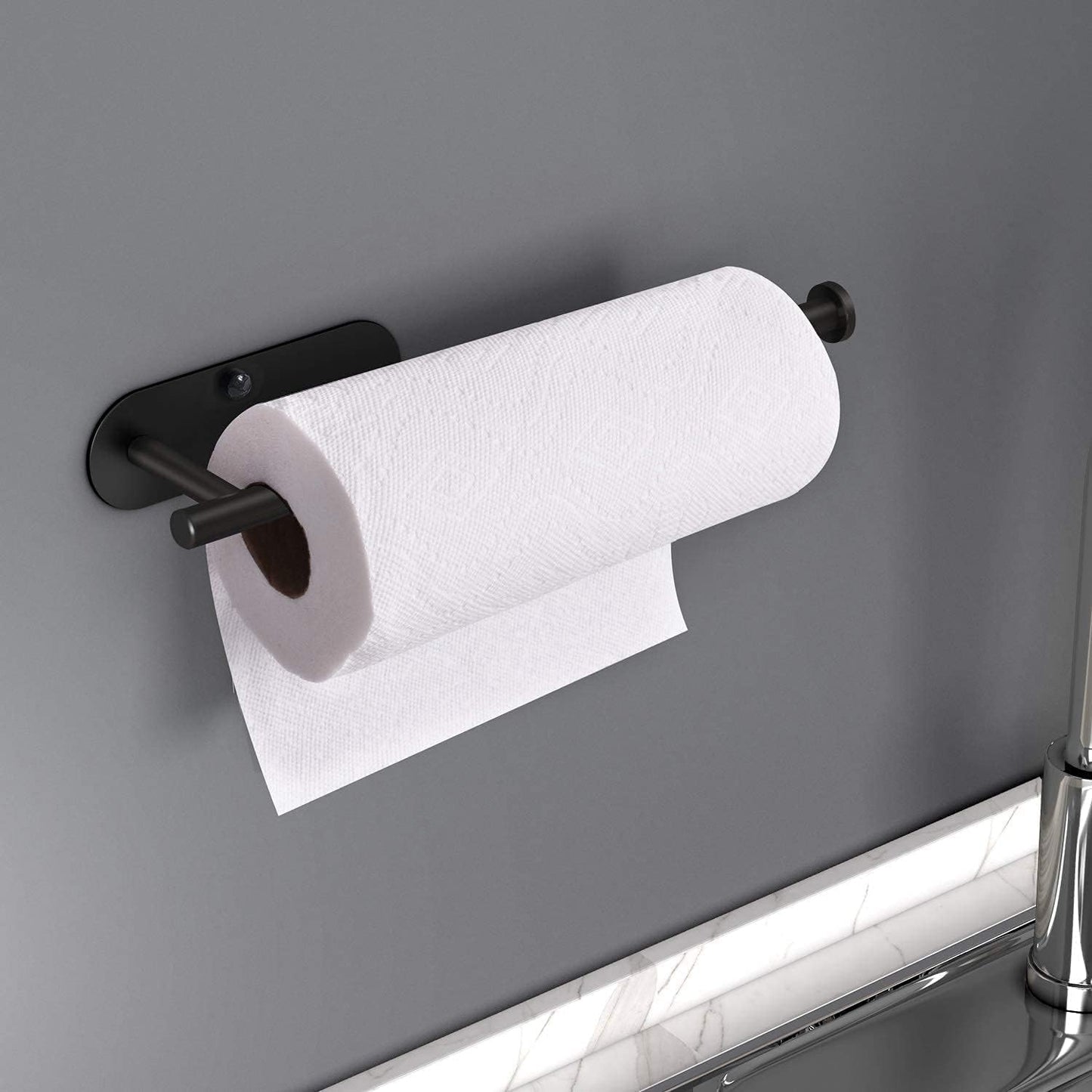 HUFEEOH Adhesive Paper Towel Holder Under Cabinet Wall Mount for Kitchen Paper Towel, Stainless Steel Paper Towel Roll Rack for Bathroom Towel (13inch, Black)