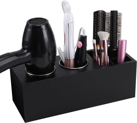 Hair Dryer Countertop Holder, Hair Tool Organizer Wall Mount, Blow Dryer Holder Cabinet Door Organizer, Bathroom Countertop Blow Dryer Holder and Curling Iron Holder (Cedar Wood, Black)