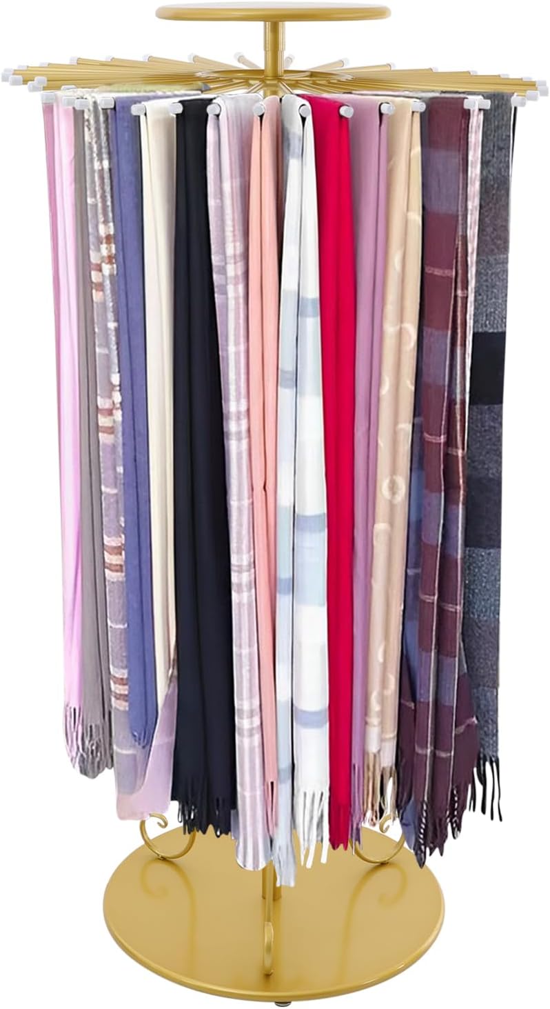 Rotating Scarf Display Rack with 30 Rods,Golden Freestanding Scarf Display Stand Height Adjustable Scarf Holder Organizer for Scarf Shawl Jewelry Trouser