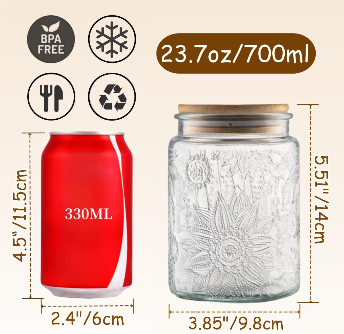 ANSQU Set of 2 Vintage Glass Jars, 23.7 FL OZ Candy Jars with Lids, Sugar Container Mason Jars for Home Kitchen Pantry, Cute Jar (Daisy & Sunflower)
