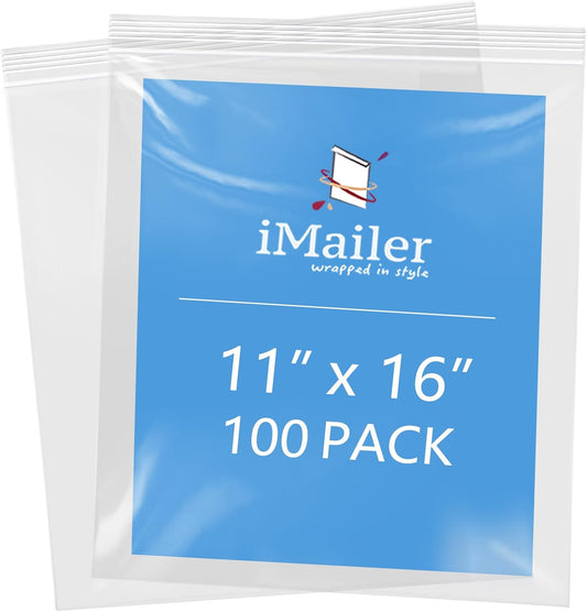 iMailer- 11" x 16" 100 Pack- 2 Mil Resealable Zip Bags- Clear Plastic Bags with Zip Top Lock for Storage, Organizing, Crafts, Travel