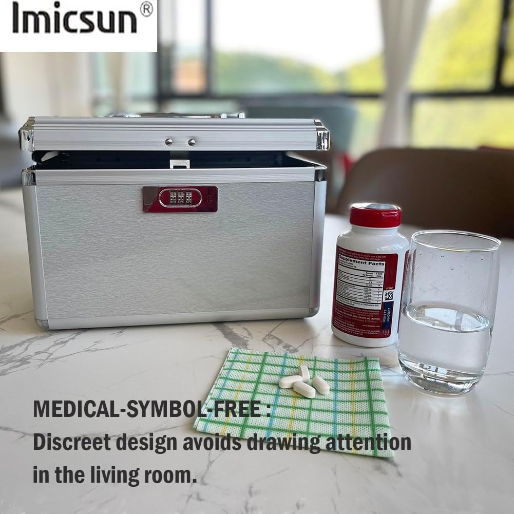 Medicine Combination Lock Box Silver Medication Locking Pill Safe Case with Portable11.2“ X 7.2" X 7.5" inch