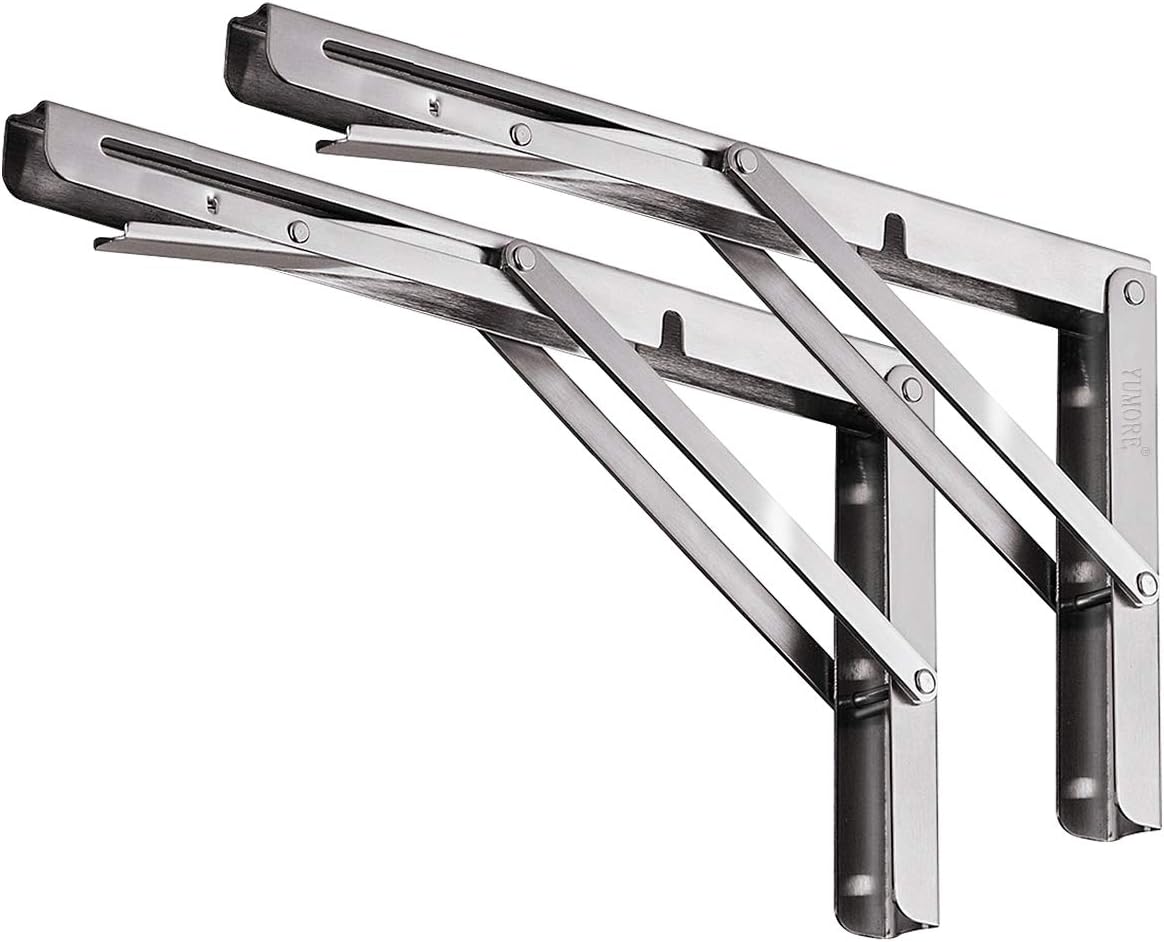 YUMORE Folding Shelf Brackets 10", Max Load: 330lb Heavy Duty Stainless Steel Collapsible Shelf Bracket for Table Work Bench, Space Saving DIY Bracket, Pack of 2