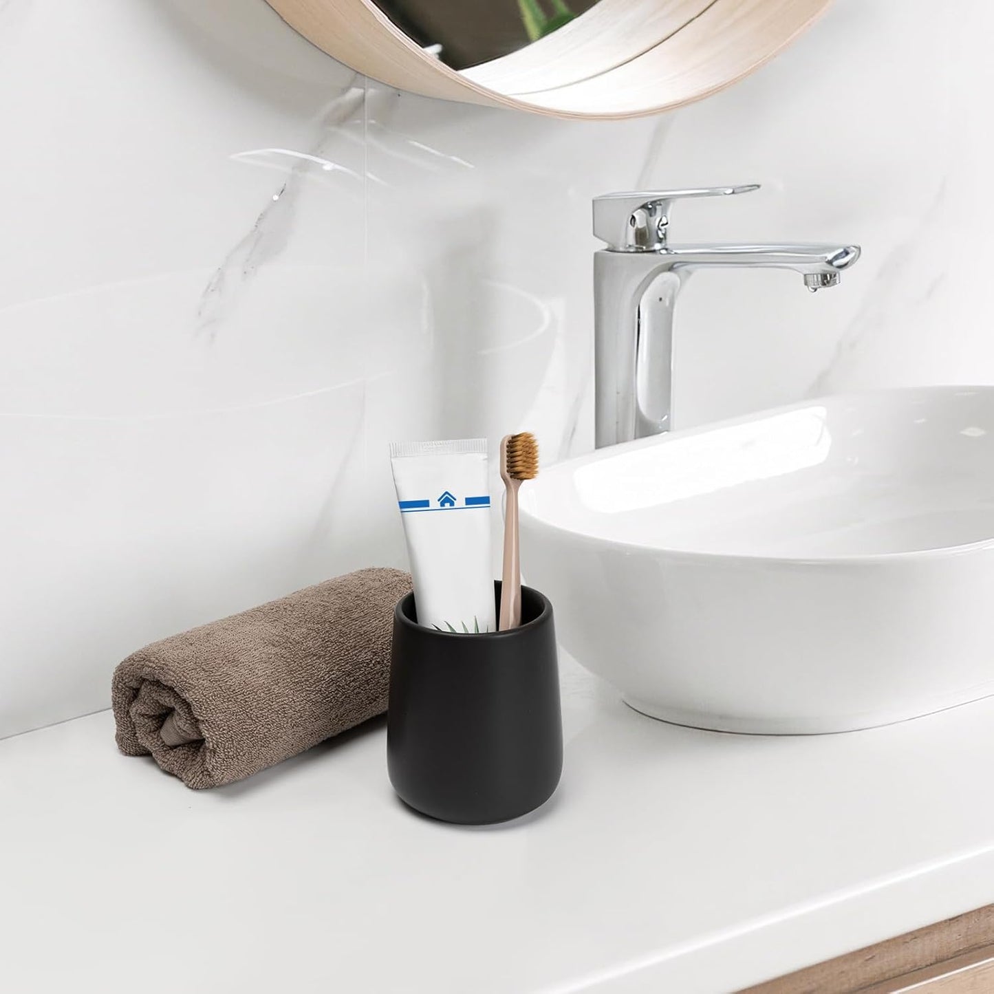 Bathroom Tumbler Cup Ceramic 13.5oz Reusable Toothbrush Cup 400ml, Toothbrush Holder Adequate for Your Bathroom (Black Brown)